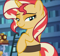 Size: 834x770 | Tagged: safe, screencap, sunset shimmer, pony, unicorn, equestria girls, equestria girls specials, g4, my little pony equestria girls: mirror magic, bipedal, cropped, female, lidded eyes, looking at you, smiling, solo