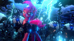 Size: 3840x2160 | Tagged: safe, artist:sceathlet, tempest shadow, pony, unicorn, g4, my little pony: the movie, 3d, armor, broken horn, electricity magic, female, glowing horn, high res, horn, lidded eyes, lightning, mare, rain, shield, spear, storm guard, weapon, wet