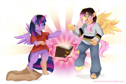 Size: 1250x833 | Tagged: safe, artist:thenornonthego, fluttershy, twilight sparkle, oc, oc:acesential, alicorn, human, pegasus, pony, g4, book, clothes, glasses, human to pony, jumper, one eye closed, open mouth, pants, polo shirt, ripping clothes, transformation, twilight sparkle (alicorn), wink
