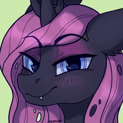 Size: 2000x2000 | Tagged: safe, artist:kotya, oc, oc only, oc:queen medley, changeling, changeling queen, blushing, bust, changeling queen oc, cute, fangs, female, high res, portrait, purple changeling, quadrupedal, simple background, smug, solo, zoomorphic