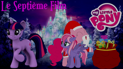 Size: 1920x1080 | Tagged: safe, artist:rose80149, pinkie pie, starsong, twilight sparkle, earth pony, pegasus, pony, unicorn, g3, g4, crystal snow castle, female, horn, mare, present, sack, santa claus, spread wings, unicorn twilight, wings, winter, wonderland