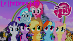 Size: 1920x1080 | Tagged: safe, artist:rose80149, adagio dazzle, applejack, fluttershy, pinkie pie, rainbow dash, rarity, twilight sparkle, zecora, oc, oc:snowdrop, alicorn, earth pony, pegasus, pony, unicorn, g4, hat, mane six, rainbow, unicornia, wand, wizard hat