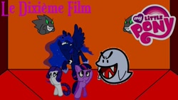 Size: 1280x720 | Tagged: safe, artist:rose80149, princess luna, rarity, twilight sparkle, alicorn, earth pony, ghost, pony, undead, g4, boo, dimension room, french