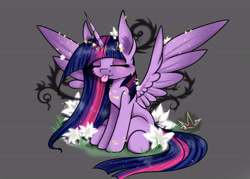 Size: 7000x5000 | Tagged: safe, artist:martazap3, derpibooru exclusive, twilight sparkle, alicorn, pony, unicorn, g4, princess twilight sparkle (episode), the last problem, :p, absurd resolution, big ears, cheek fluff, eyes closed, female, flower, gray background, horn, mare, older, older twilight, older twilight sparkle (alicorn), princess twilight 2.0, simple background, sitting, solo, spread wings, tongue out, twilight sparkle (alicorn), wings