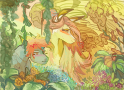 Size: 1183x858 | Tagged: safe, artist:penrosa, fluttershy, rainbow dash, pony, g4, alternate hairstyle, bust, duo, female, flower, mare, outdoors, plant, three quarter view