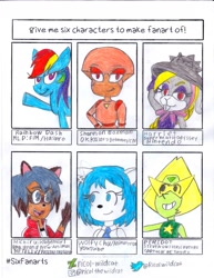 Size: 2550x3300 | Tagged: safe, artist:ricol-wildcat, rainbow dash, gem (race), pegasus, pony, rabbit, robot, wolf, anthro, g4, animal, anthro with ponies, bna: brand new animal, bust, clothes, crossover, female, gem, hariet, hat, high res, mare, michiru kagemori, ok ko let's be heroes, peridot, peridot (steven universe), raised hoof, shannon (ok k.o.!), six fanarts, smiling, spoilers for another series, steven universe, steven universe future, super mario bros., super mario odyssey, traditional art, waving, wolfychu