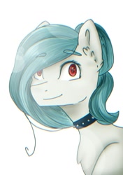 Size: 1039x1476 | Tagged: safe, artist:irinamar, oc, oc only, earth pony, pony, bust, choker, ear fluff, earth pony oc, simple background, smiling, solo, spiked choker, white background