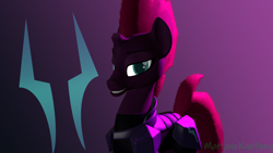 Size: 1920x1080 | Tagged: safe, artist:marianokun, fizzlepop berrytwist, tempest shadow, pony, unicorn, g4, 3d, armor, broken horn, horn, looking at you, purple background, simple background, smiling, source filmmaker, storm king's emblem, watermark