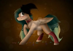 Size: 1280x902 | Tagged: safe, artist:irinamar, oc, oc only, pegasus, pony, abstract background, collar, deviantart watermark, hat, leg warmers, obtrusive watermark, pegasus oc, raised hoof, smiling, watermark, wings, witch hat