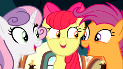 Size: 1366x768 | Tagged: safe, screencap, apple bloom, scootaloo, sweetie belle, earth pony, pegasus, pony, unicorn, g4, growing up is hard to do, cutie mark crusaders, female, looking at each other, mare, older, older apple bloom, older cmc, older scootaloo, older sweetie belle