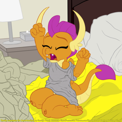 Size: 1500x1500 | Tagged: safe, artist:smudge proof, smolder, dragon, g4, bed, bottomless, clothes, commission, cute, dragoness, eyes closed, female, morning, morning dragons, morning ponies, open mouth, partial nudity, shirt, smolderbetes, solo, yawn