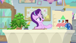 Size: 1920x1080 | Tagged: safe, screencap, big macintosh, doctor whooves, octavia melody, phyllis, starlight glimmer, time turner, pony, unicorn, a horse shoe-in, g4, female, mare, philodendron, potted plant, solo, starlight's office