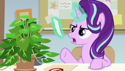 Size: 1920x1080 | Tagged: safe, screencap, phyllis, starlight glimmer, pony, unicorn, a horse shoe-in, g4, female, magic, magic aura, mare, philodendron, potted plant, solo, telekinesis
