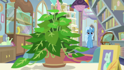 Size: 1920x1080 | Tagged: safe, screencap, phyllis, trixie, pony, unicorn, a horse shoe-in, g4, female, mare, philodendron, plant, potted plant, starlight's office
