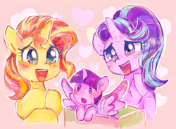 Size: 2048x1498 | Tagged: safe, artist:ch-chau, artist:osawari64, starlight glimmer, sunset shimmer, twilight sparkle, alicorn, pony, unicorn, baby, baby pony, babylight sparkle, blushing, box, collaboration, cute, female, heart, mama sunset, mare, open mouth, paper bag, pink background, pony in a box, simple background, size difference, smol, trio, twiabetes, twilight sparkle (alicorn), younger