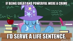 Size: 600x337 | Tagged: safe, edit, edited screencap, screencap, trixie, pony, a horse shoe-in, g4, caption, clothes, eyes closed, female, hat, image macro, mare, memeful.com, text, trixie's hat
