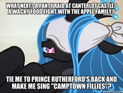 Size: 600x450 | Tagged: safe, edit, edited screencap, screencap, queen chrysalis, pony, frenemies (episode), g4, blindfold, caption, cropped, female, image macro, memeful.com, pinky and the brain, solo, text