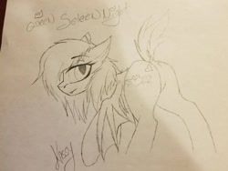 Size: 2048x1536 | Tagged: safe, artist:_wulfie, oc, oc only, bat pony, pony, bat pony oc, bat wings, lineart, presenting, signature, text, traditional art, wings