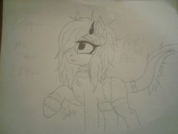 Size: 960x720 | Tagged: safe, artist:_wulfie, oc, oc only, pony, unicorn, clothes, horn, leonine tail, lineart, looking up, raised hoof, solo, text, traditional art, unicorn oc