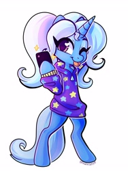 Size: 2400x3200 | Tagged: safe, artist:spindlespice, trixie, pony, unicorn, semi-anthro, :p, alternate hairstyle, babysitter trixie, bipedal, cellphone, clothes, cute, diatrixes, female, gameloft, gameloft interpretation, heart eyes, high res, hoodie, hoof hold, mare, one eye closed, phone, pigtails, simple background, smiling, solo, tongue out, white background, wingding eyes, wink