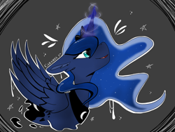 Size: 2048x1536 | Tagged: safe, artist:caramal17, princess luna, alicorn, pony, cute, ear fluff, female, floppy ears, glowing horn, horn, lunabetes, mare, open mouth, profile, solo, stars
