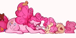 Size: 1313x656 | Tagged: safe, artist:vuliipie, li'l cheese, pinkie pie, earth pony, pony, g4, the last problem, female, heart, lying down, mama pinkie, mother and child, mother and daughter, older, older pinkie pie, simple background, white background