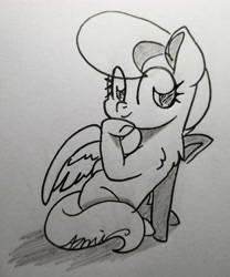 Size: 2736x3287 | Tagged: safe, artist:c.a.m.e.l.l.i.a, cloud kicker, pegasus, pony, g4, black and white, cute, grayscale, high res, looking back, monochrome, simple background, traditional art, white background