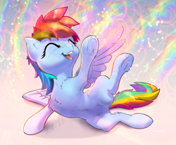 Size: 996x821 | Tagged: safe, artist:xbi, rainbow dash, pegasus, pony, g4, abstract background, chest fluff, color porn, cute, dashabetes, eyes closed, female, gradient background, laughing, mare, rainbow, solo, underhoof