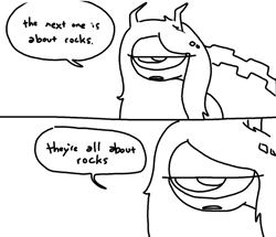 Size: 621x534 | Tagged: safe, artist:weaver, cyclops, 2 panel comic, barely pony related, catoblepas, colorless, comic, dewbon, implied maud pie, monochrome, monstro village