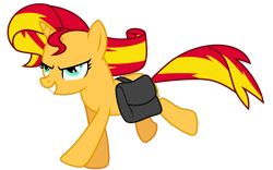 Size: 1024x640 | Tagged: safe, artist:emeraldblast63, sunset shimmer, pony, unicorn, equestria girls, g4, my little pony equestria girls, bag, chase, female, mare, saddle bag, simple background, smiling, solo, transparent background