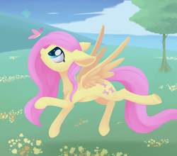 Size: 1821x1602 | Tagged: safe, artist:dusthiel, fluttershy, butterfly, pegasus, pony, g4, chest fluff, cute, ear fluff, female, leg fluff, lineless, mare, profile, shyabetes, solo, tree