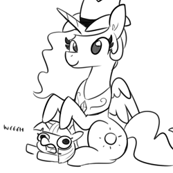 Size: 1080x1080 | Tagged: safe, artist:tjpones, princess celestia, twilight sparkle, alicorn, pony, unicorn, g4, black and white, cowboy hat, domination, duo, female, filly, grayscale, hat, mare, monochrome, ponies riding ponies, riding, role reversal, simple background, twiggie, weh, white background, yeehaw