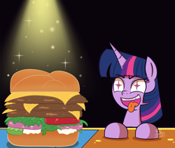 Size: 1650x1400 | Tagged: safe, artist:feralroku, twilight sparkle, pony, g4, borgarposting, burger, cheeseburger, eyes on the prize, female, food, hamburger, hamburger day, mare, meat, napkin, open mouth, ponies eating meat, solo, starry eyes, that pony sure does love burgers, tongue out, twilight burgkle, wingding eyes