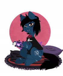 Size: 2048x2455 | Tagged: safe, artist:geniebuy, earth pony, pony, undead, zombie, zombie pony, bone, bring me the horizon, clothes, commission, controller, drop dead clothing, fangs, frown, glasgow smile, glowing, high res, hoof hold, lineless, lip piercing, long sleeves, male, oliver sykes, piercing, pillow, playstation 4, ponified, rug, scar, shirt, simple background, sitting, solo, stallion, stitches, tattoo, torn ear, video game, white background, ych result