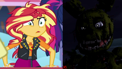 Size: 1920x1080 | Tagged: safe, edit, edited screencap, screencap, sunset shimmer, equestria girls, equestria girls series, g4, rollercoaster of friendship, comparison, five nights at freddy's, five nights at freddy's 3, messy hair, shrunken pupils, springtrap, thehottest dog