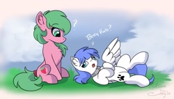 Size: 2048x1165 | Tagged: safe, artist:aurorafang, oc, oc only, oc:pine berry, oc:snow pup, earth pony, pegasus, pony, bellyrub request, female, gray background, looking at each other, looking down, looking up, lying down, mare, on side, question mark, simple background, sitting, wings