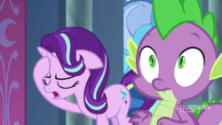 Size: 1280x720 | Tagged: safe, screencap, spike, starlight glimmer, dragon, pony, unicorn, g4, memories and more, my little pony: friendship is forever, animated, gif