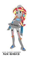 Size: 453x735 | Tagged: safe, artist:jrshinkansenhorse, derpibooru exclusive, sunset shimmer, oc, oc:starship sunset shimmer, original species, star trek: sunset shimmer, equestria girls, g4, 1000 hours in ms paint, base used, crossed arms, crossover, ear piercing, earring, jewelry, piercing, simple background, spaceship, star trek, starfleet, text, uss sunset shimmer, warp nacelles, white background