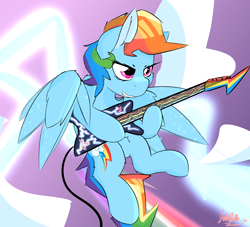 Size: 2598x2362 | Tagged: safe, artist:jubyskylines, rainbow dash, pegasus, pony, g4, electric dash, female, flying, guitar, high res, lightning, musical instrument, solo