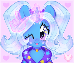 Size: 4000x3456 | Tagged: safe, artist:bunxl, trixie, pony, unicorn, :p, babysitter trixie, bust, cute, diatrixes, digital art, female, glowing horn, hand, heart, high res, horn, magic, magic hands, mare, one eye closed, pigtails, pink background, portrait, simple background, smiling, solo, tongue out, wink