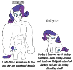 Size: 852x813 | Tagged: safe, artist:jargon scott, rarity, pony, unicorn, anthro, g4, cheems, darling, female, funny, meme, muscles, ponified meme, ripped rarity, simple background, solo, swole, swole doge vs cheems, text, then and now, white background