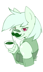 Size: 768x1280 | Tagged: safe, artist:tea-redrex, oc, oc only, oc:bandaid, earth pony, pony, bandaid, bandaid on nose, bust, clothes, cup, earth pony oc, fake moustache, female, food, limited palette, red eyes, signature, simple background, smiling, solo, tea, teacup, white background