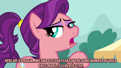 Size: 1280x720 | Tagged: safe, edit, edited screencap, screencap, spoiled rich, earth pony, pony, g4, where the apple lies, caption, female, image macro, mare, meme, ponytail, solo, spoiled milk, text