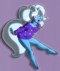 Size: 840x1000 | Tagged: safe, artist:theburningdonut, gameloft, trixie, unicorn, anthro, plantigrade anthro, g4, babysitter trixie, clothes, fangs, female, legs, mare, pigtails, solo, sweater, twintails