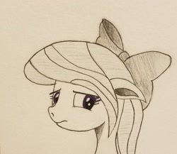 Size: 2083x1805 | Tagged: safe, artist:polar_storm, flitter, pegasus, pony, g4, bow, bust, concerned, female, frown, hair bow, mare, monochrome, partial color, simple background, sketch, solo, traditional art, white background