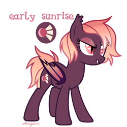 Size: 1388x1387 | Tagged: safe, artist:shineyaris, oc, oc only, oc:early sunrise, bat pony, pony, angry, bat pony oc, bat wings, ear fluff, fangs, female, folded wings, mare, signature, simple background, slit pupils, solo, wavy mouth, white background, wings