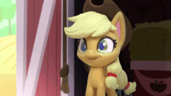 Size: 800x450 | Tagged: safe, screencap, applejack, earth pony, pony, diy with my little pony - carving contest, g4.5, my little pony: stop motion short, animated, applejack's hat, barn, cowboy hat, crosscut saw, cute, female, gif, hammer, hat, hoof hold, jackabetes, safety goggles, saw, screwdriver, smiling, solo, stop motion, toolbox, wrench