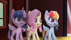 Size: 800x450 | Tagged: safe, screencap, fluttershy, rainbow dash, twilight sparkle, alicorn, pegasus, pony, diy with my little pony - carving contest, g4.5, my little pony: stop motion short, animated, barn, confused, female, gif, looking at each other, stop motion, twilight sparkle (alicorn), wings