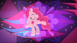 Size: 3840x2160 | Tagged: safe, artist:illumnious, artist:laszlvfx, edit, pinkie pie, earth pony, pony, g4, abstract background, balancing, cute, eyes closed, female, high res, mare, raised eyebrow, smiling, solo, wallpaper, wallpaper edit