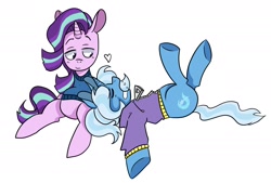 Size: 1772x1200 | Tagged: safe, artist:kikomanlet, starlight glimmer, trixie, pony, unicorn, g4, babysitter trixie, clothes, heart, hoodie, lying down, sweater